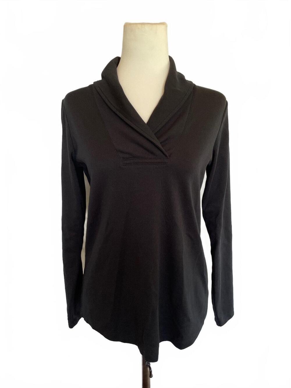 LL Bean Women's Black Shawl Neck Cotton Long Sleeve Top Small